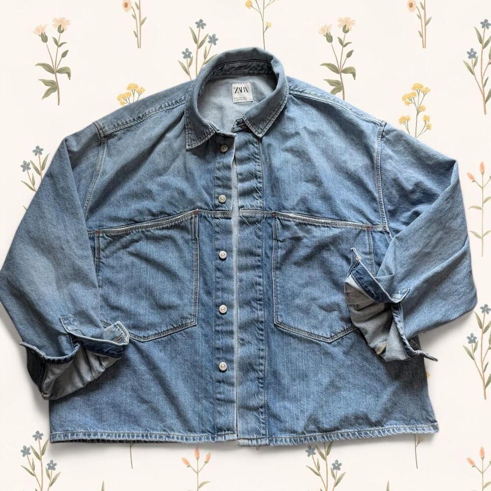 ZARA Men Relaxed Fit Denim Oversized Overshirt Jacket Light Blue Shacket [XL]